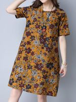 Vintage Floral Print Loose Short Sleeve O-neck Dress For Women