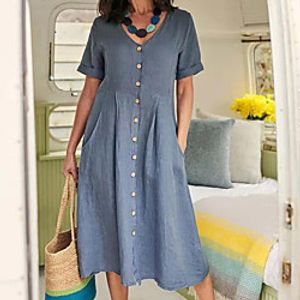 Women's A Line Dress Midi Dress Blue White Black Short Sleeve Solid Color Pocket Fall V Neck Casual 2021 S M L XL XXL / Cotton miniinthebox