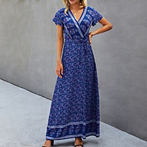 Women's Swing Dress Maxi long Dress Blue Red Short Sleeve Solid Color Spring Summer Casual / Daily 2021 S M L XL miniinthebox