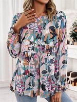 Women's Colorful Floral Print Temperament Casual Long Sleeve Ruffle Top Blouses