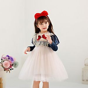 Kids Little Girls' Dress Floral Solid Colored A Line Dress Birthday Performance Ruched Mesh Lace Dusty Blue Knee-length Long Sleeve Princess Costume Dresses Fall Spring Regular Fit 3-10 Years miniinthebox