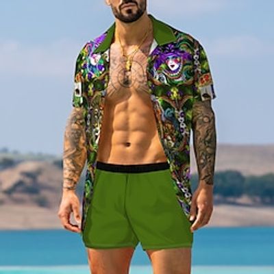 Graphic Mask Hawaiian Casual Men's Shirt Button Up Shirt Casual Shirt Daily Wear Vacation Festival Spring  Summer Lapel Short Sleeves Blue, Dark Green, Purple S, M, L Polyester Shirt Carnival Lightinthebox