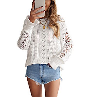 Women's Sweater Knitted Hole Solid Color Hollow Cotton Long Sleeve Sweater Cardigans Crew Neck Fall Summer Gray Green White miniinthebox