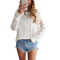 Women's Sweater Knitted Hole Solid Color Hollow Cotton Long Sleeve Sweater Cardigans Crew Neck Fall Summer Gray Green White miniinthebox - thumbnail