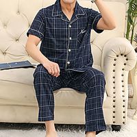 Men's Loungewear Sets Buckle Grid  Plaid Solid Color Cotton Casual Pant Lapel Home Long Sleeve Buckle  Stripe Lightinthebox - thumbnail