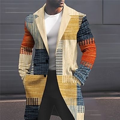 Geometry Stripes and Plaid Business Casual Men's Coat Work Wear to work Going out Fall  Winter Turndown Long Sleeve Yellow Gray M L XL Polyester Weaving Jacket miniinthebox