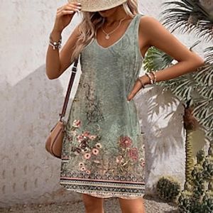 Women's Vintage Dress Casual Dress Floral Graphic Pocket Print V Neck Midi Dress Bohemia Vintage Party Home Sleeveless Regular Fit Light Yellow Light Green Blue Summer S M L XL XXL Lightinthebox