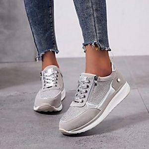 Women's Trainers Athletic Shoes Flat Heel Round Toe PU Rhinestone Solid Colored Blue Gray Green miniinthebox