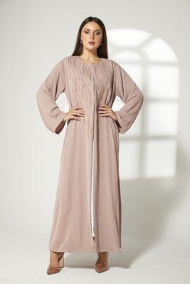Moistreet Tan Korean Nida Front Embroidered Abaya (XS, S, M, L, XL, XXL)