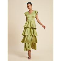 Satin Ruffle V Neck Maxi Dress