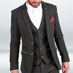 Fall/Winter Men's Tweed Check Windowpane Wedding Suits 3 Piece Solid Colored Slim Fit Single Breasted One-button 2023 miniinthebox
