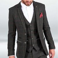 Fall/Winter Men's Tweed Check Windowpane Wedding Suits 3 Piece Solid Colored Slim Fit Single Breasted One-button 2023 miniinthebox - thumbnail