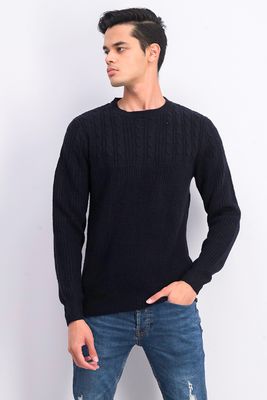 Mens Cable Yolk Sweater  Navy