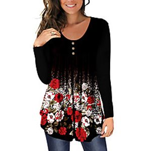 Women's Butterfly Peplum T shirt Floral Butterfly Long Sleeve Button Print U Neck Basic Tops Blue Royal Blue White Lightinthebox