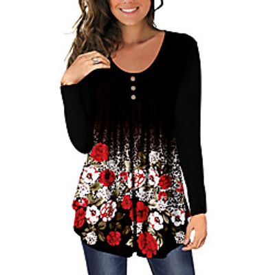 Women's Butterfly Peplum T shirt Floral Butterfly Long Sleeve Button Print U Neck Basic Tops Blue Royal Blue White Lightinthebox
