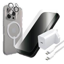 ZAGG Crystal Palace Snap Case with MagSafe, InvisibleShield Glass Elite Screen Protector and Camera Lens Protector, 20W USB-C PD Wall Charger, 2M USB-C to USB-C Fast Charge Cable for iPhone 16 Pro (ZAG BNDL SN/GE/CM iP16 Pr)