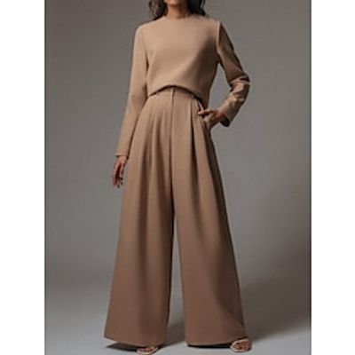 Women's Loungewear Sets Solid Round Neck Wide Leg Fashion Casual Comfort Street Daily Date Breathable Crew Neck Long Sleeve Pant Pocket Fall Winter Black Light Brown Lightinthebox