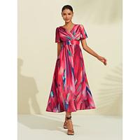 Rose Red V Neck Shading Print Midi Dress Lightinthebox