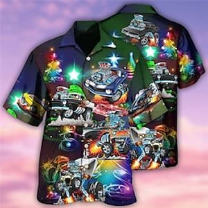 Car Christmas Tree Lights Casual Men's Shirt Outdoor Christmas Street Fall Turndown Short Sleeve Green S M L Shirt Lightinthebox