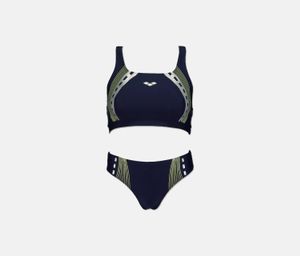 Womens Lines Print 2 Piece Swimwear  Navy Blue Combo