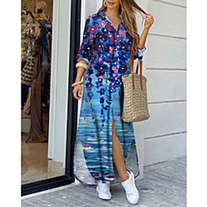 Women's Shirt Dress Maxi long Dress Blue Long Sleeve Floral Print Print Spring Summer Shirt Collar Casual 2021 S M L XL XXL 3XL Lightinthebox