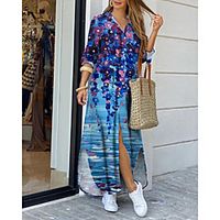 Women's Shirt Dress Maxi long Dress Blue Long Sleeve Floral Print Print Spring Summer Shirt Collar Casual 2021 S M L XL XXL 3XL Lightinthebox - thumbnail