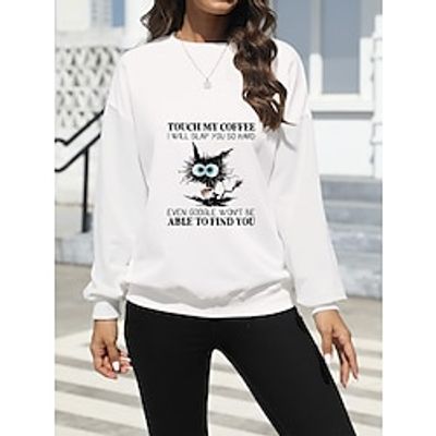 Women's Sweatshirt Pullover Cotton Letter Animal Cat Active Fashion Print Black White Beige Casual Round Neck Long Sleeve Micro-elastic Fall Winter Lightinthebox Women's Sweatshirt Pullover Cotton Letter Animal Cat Active Fashion Print Black White Beige Casual Round Neck Long Sleeve Micro-elastic Fall Winter Lightinthebox
