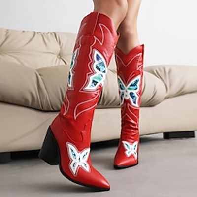 Women's Boots Cowboy Boots Party Knee High Boots Embroidery Chunky Heel Pointed Toe Bohemia PU Loafer Color Block Embroidered Black Red miniinthebox