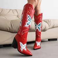 Women's Boots Cowboy Boots Party Knee High Boots Embroidery Chunky Heel Pointed Toe Bohemia PU Loafer Color Block Embroidered Black Red miniinthebox - thumbnail