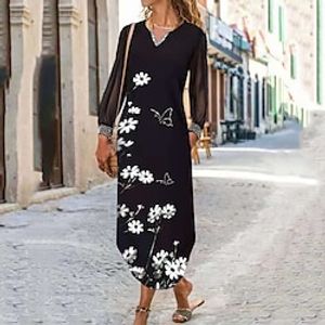 Women's Shift Formal Dress Long Formal Dress Maxi Formal Dress Black Long Sleeve Floral Mesh Winter Fall Autumn V Neck Winter Formal Dress Fall Formal Dress Loose Fit 2023 S M L XL XXL miniinthebox