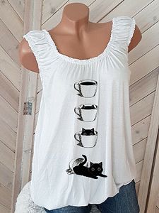Cat Print Sleeveless T-shirt