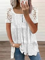 Square Collar Casual Solid Color Lace Stitching Short-sleeved Blouse