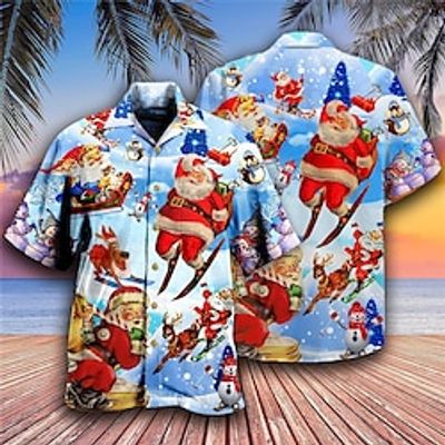 Santa Claus Casual Men's Shirt Outdoor Christmas Street Fall Turndown Short Sleeve Blue S M L Shirt Lightinthebox