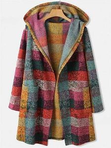 Women's Retro Colored Checked Knitted Fleece Cardigan Coat