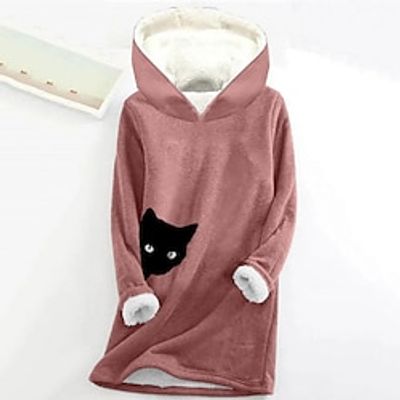 Women's Hoodie Sweatshirt Pullover Fleece Lined Cat Teddy Funny Fuzzy Print Black Pink Dark Pink Casual Sports Hoodie Long Sleeve Top Micro-elastic Fall  Winter Lightinthebox