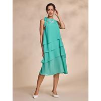 Green Chiffon High Neck Layered Sleeveless Party/Wedding Guest Midi Dressdress to impress 2024