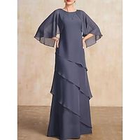 A-Line Mother of the Bride Dress Wedding Guest Elegant Simple Jewel Neck Floor Length Chiffon 3/4 Length Sleeve Wrap Included with Cascading Ruffles Solid Color 2024 Lightinthebox