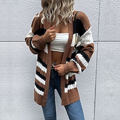 Women's Cardigan Sweater Jumper Cable Knit Patchwork Knitted Striped Open Front Stylish Casual Outdoor Holiday Winter Fall Coffee S M L  Long Sleeve  Regular Fit  Going out Lightinthebox
