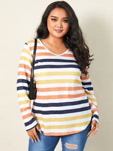 YOINS Plus Size V-neck Striped Long Sleeves Tee
