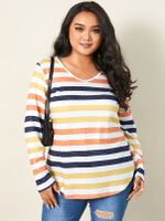YOINS Plus Size V-neck Striped Long Sleeves Tee - thumbnail