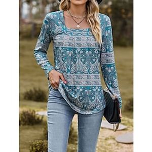 Women's T shirt Tee Floral Paisley Striped Black Yellow Pink Print Long Sleeve Daily Weekend Fashion Square Neck Regular Fit Spring   Fall Lightinthebox