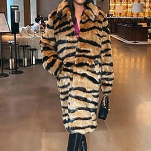 Women's Teddy Coat Faux Leather Jacket Warm Breathable Outdoor Daily Wear Vacation Going out Pocket Print Single Breasted Turndown Fashion Elegant Lady Comfortable Tiger Regular Fit Outerwear Long Lightinthebox