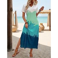 Women's Casual Dress Summer Dress Color Block Print V Neck Long Dress Maxi Dress Streetwear Maxi Street Holiday Short Sleeve Loose Fit Pink Blue Green Summer S M L XL 2XL Lightinthebox