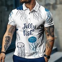 Jellyfish Men's Resort 3D Print Polo Shirt Hawaiian Vacation Beach Pique Polo Shirt Short Sleeve Turndown Polo Shirts Dark Navy Orange Summer S M L Micro-elastic Lapel Polo Lightinthebox