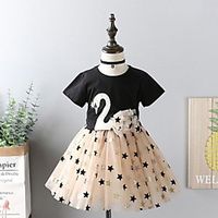 Kids Girls' Clothing Set 2 Pieces Short Sleeve White Black Print Animal Ruched Mesh Print Indoor Outdoor Cute Sweet Regular Knee-length 2-8 Years Lightinthebox - thumbnail