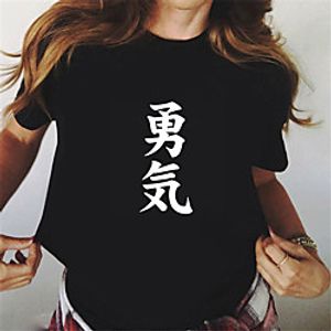 Women's Tokyo Kanji T shirt Text Print Round Neck Tops 100% Cotton Basic Basic Top White Black Red Lightinthebox
