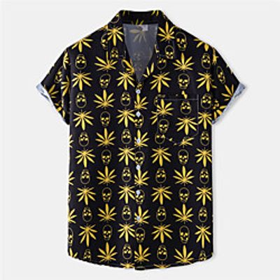 Men's Shirt Skull Leaves Button-Down Short Sleeve Casual Tops Cotton Casual Fashion Hawaiian Breathable Black / Beach miniinthebox