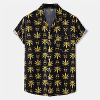 Men's Shirt Skull Leaves Button-Down Short Sleeve Casual Tops Cotton Casual Fashion Hawaiian Breathable Black / Beach miniinthebox - thumbnail
