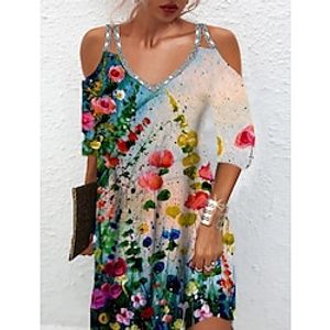 Women's A Line Dress Short Mini Dress Rainbow 3/4 Length Sleeve Floral Sequins Cold Shoulder Print Fall Winter Spaghetti Strap Casual Fashion 2022 S M L XL XXL 3XL miniinthebox