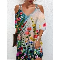 Women's A Line Dress Short Mini Dress Rainbow 3/4 Length Sleeve Floral Sequins Cold Shoulder Print Fall Winter Spaghetti Strap Casual Fashion 2022 S M L XL XXL 3XL miniinthebox - thumbnail